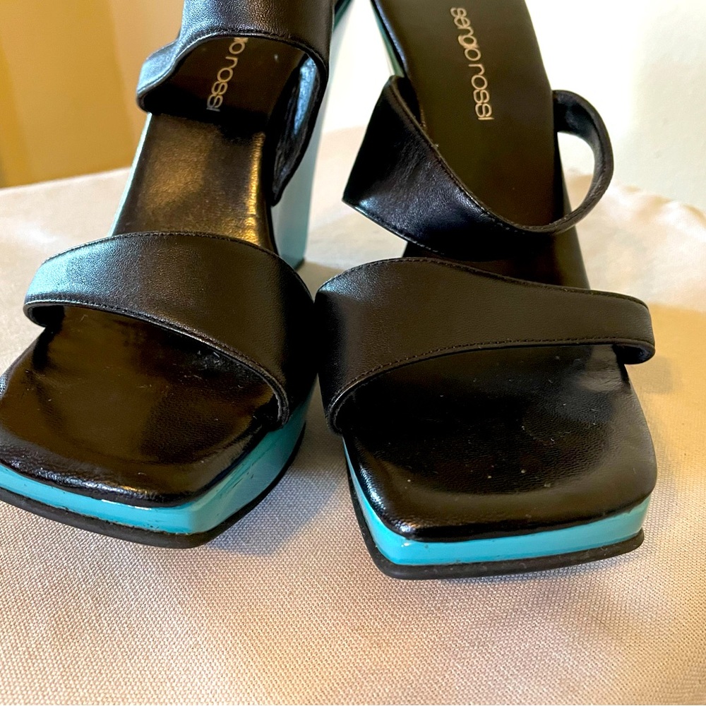 SERGIO ROSSI y2k square toe leather and lacquer platform sandals 38